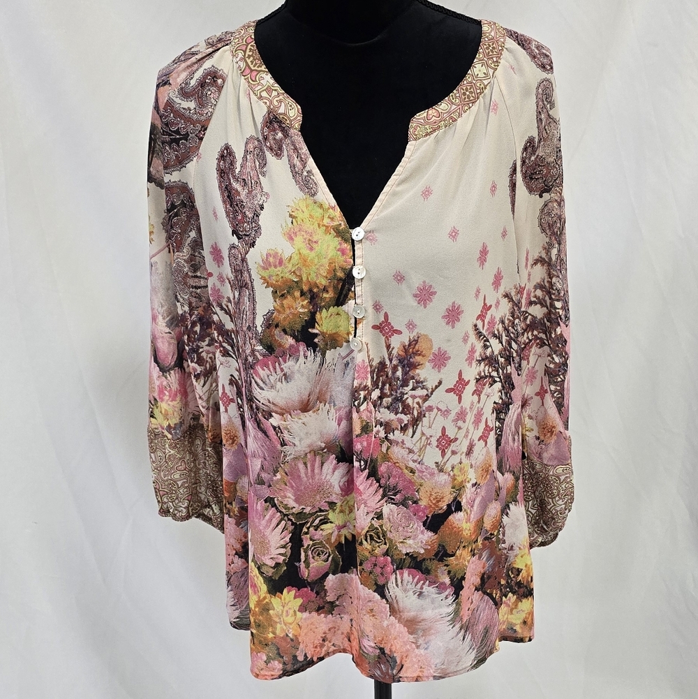 Fig and Flower women M sheer blouse pink 3/4 Sleeve hi low cottagecore romantic